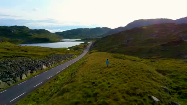 Aerial drone flight past a girl standing on a hill in the middle of a valley — Stock Video