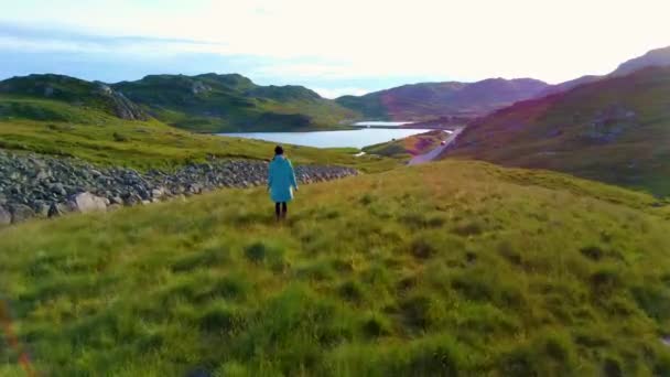 Aerial drone flight past a girl standing on a hill in the middle of a valley — Stock Video