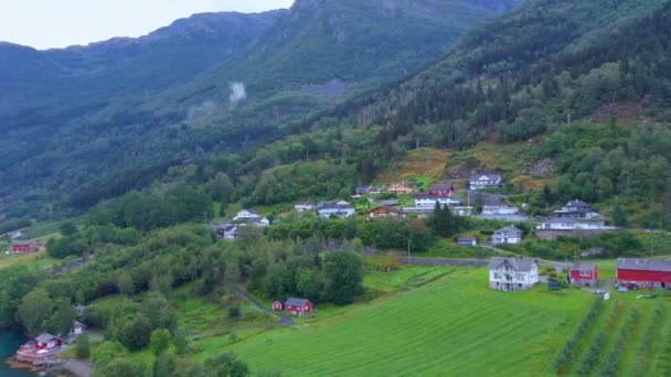 Hardangerfjord fjord shore aerial survey, Noruega. Tomado por drone en el verano — Vídeos de Stock