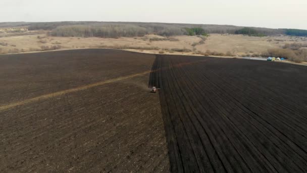 Zicht vanuit de lucht op een tractor die een chernozem veld teistert. Genomen in het voorjaar — Stockvideo