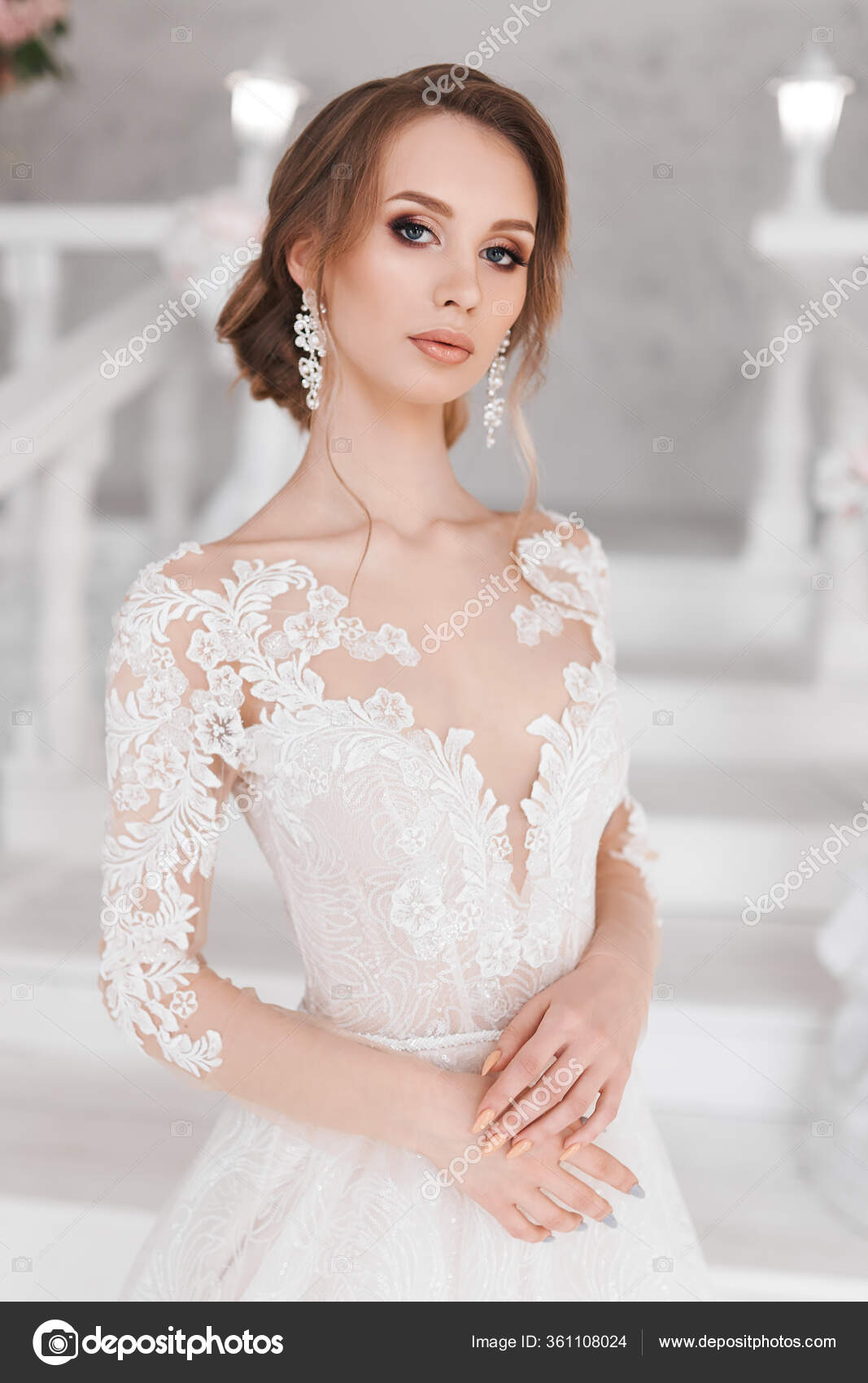 Beautiful Girl Standing Wedding Dress Photoshoot White Stylish Photo