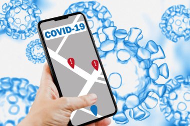 Coronavirus izleme konumu uygulaması: Sokakta yürüyen hasta insanların bulunduğu akıllı telefon haritası
