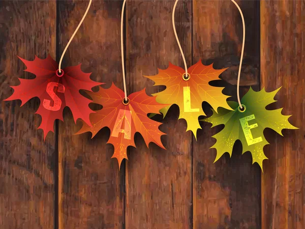 木製の背景に隔離されたカエデの葉の販売ラベルと秋のベクトルデザイン — ストックベクタ