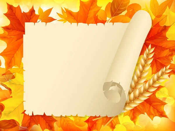 Thanksgiving vector design with autumn leaves, old paper scroll and wreath.