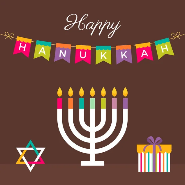 Happy Hanukkah Vector Card White Menora Golden Flames David Star — Stock Vector