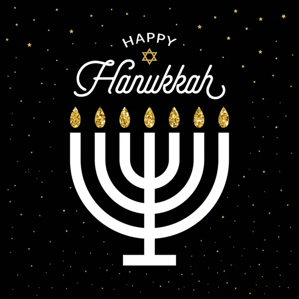 Happy Hanukkah Vector Card White Menora Golden Flames David Star — Stock Vector