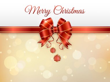 Kırmızı fiyonklu ve topları arka planda izole edilmiş zarif bir Noel kartı..