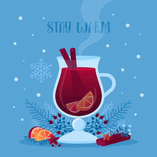 Vector illustration of winter background with glass of mulled wine, ingredients and branches and space for text.