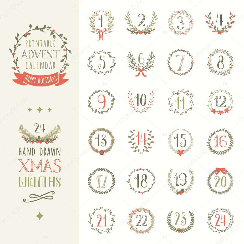 Printable advent calendar vector set with 24 hand drawn Christmas wreaths and holiday season elements.