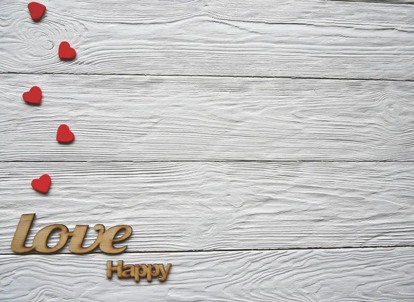 Small Red Hearts Decorative Wooden Words White Desk Valentine Day — 스톡 사진