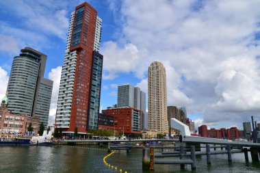Rotterdam, Netherlands - September 6, 2019: Skyscrapers on the river Nieuwe Maas.