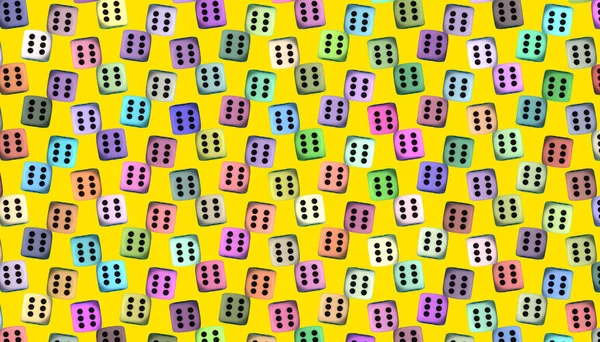 Many colored dice with the number six on a yellow background, concept for luck or opportunities