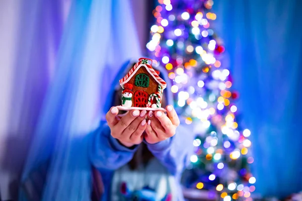 Fille en robe bleue chaude tient une petite maison de Noël — Photo