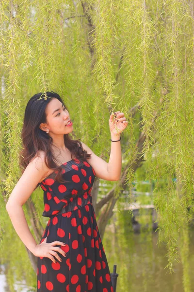 Retrato Una Joven Hermosa Mujer Asiática Posando Sonriendo Jardín Con —  Fotos de Stock