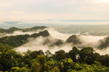 Güzel dağ panoramik manzarası ve sabah güneş doğarken sisli