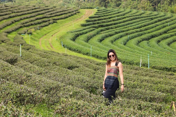 Asiático Bela Turista Mulher Passear Para Campos Plantação Chá Verde — Fotografia de Stock