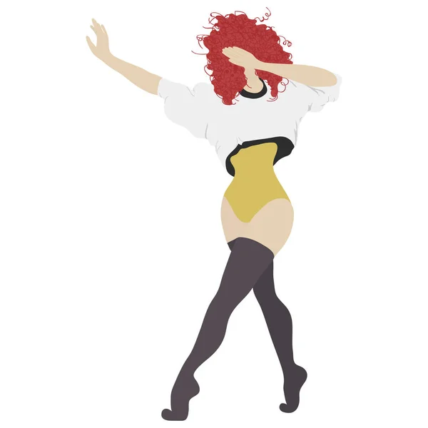 Mladá dívka s rudými kudrnatými vlasy tančí. Stylová žena pohybující se jako v tanečním studiu nebo párty. — Stockový vektor