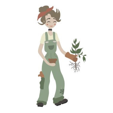 Şirin gülümseyen kız baharı, yaz baharı bahçe işleri. Ot ve bitki yetiştiren genç bir kadın. Çiçek dikmek, büyütmek, nakil yapmak..