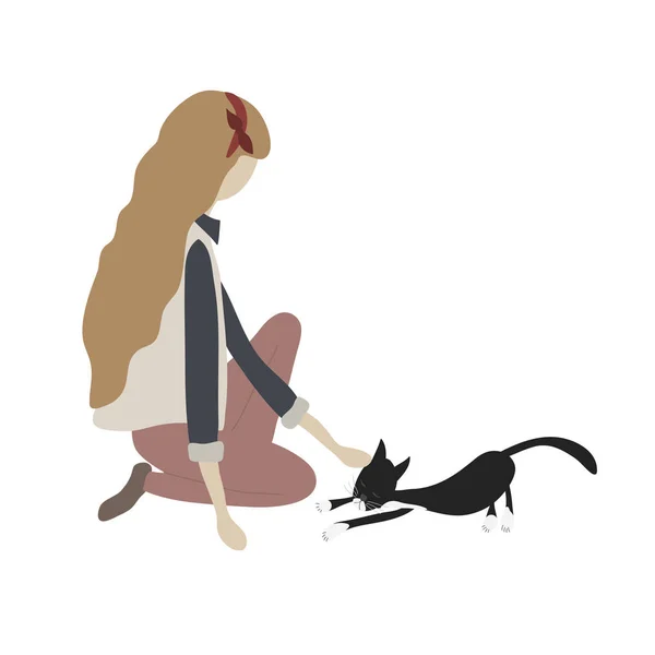 Девушка с длинными волосами заботится о коте. Молодая женщина сидит и трогает домашнего кота. Взрослая девушка любит свою кошечку . — стоковый вектор