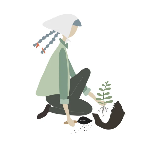 Dívčí jaro, letní zahradničení. Mladá žena sedí na zemi s nářadím a rostlinami. Zahradní práce: výsadba, pěstování, transplantace klíčků. — Stockový vektor