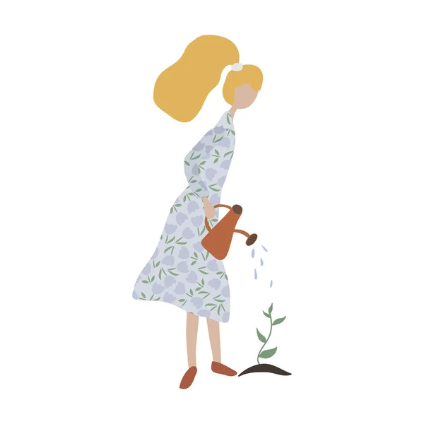 Linda chica riego planta. Mujer adulta joven con regadera. Haciendo trabajo de primavera, jardín de verano: plantación, cultivo, brotes de trasplante . — Vector de stock