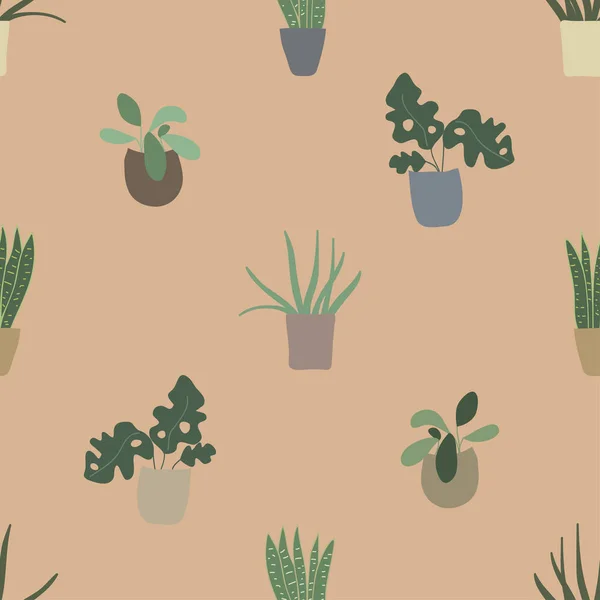 Χαριτωμένο μοτίβο χωρίς ραφή με φυτά στο σπίτι σε γλάστρες. Τέρατα, αλόη, ζουμερά. Μοντέρνο χέρι σχέδιο καρτούν επίπεδη στυλ — Διανυσματικό Αρχείο