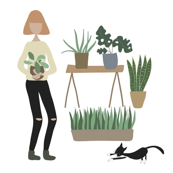 Menina com planta verde e gato no apartamento. Mulher cuidar de plantas de casa tropicais. Decoração da casa na moda . — Vetor de Stock