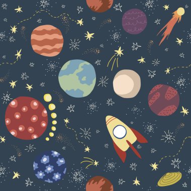 Space seamless pattern in scandinavian style. Hand drawn space, rocket, star, planet, comets. 