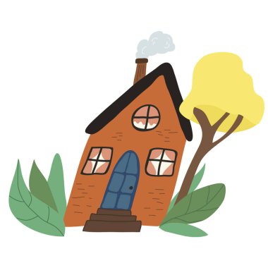 Cute brick house. Flat cartoon illustration in scandinavian style