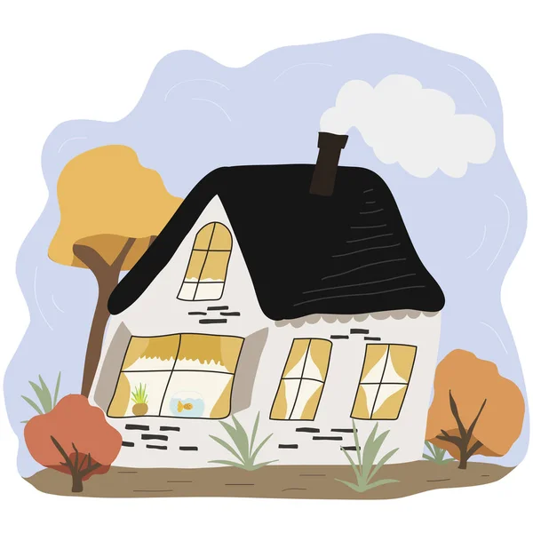 可愛いタウンハウスだ。家、木、草、空と手描きの風景。スキャンディナヴィア風のフラット漫画イラスト — ストックベクタ