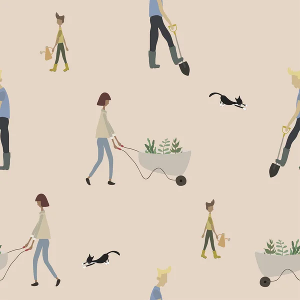 Płynny wzorzec z ludźmi ogrodnictwa. Kobieta z taczką, mężczyzna pracujący z łopatą, chłopiec z konewką i kotem — Wektor stockowy