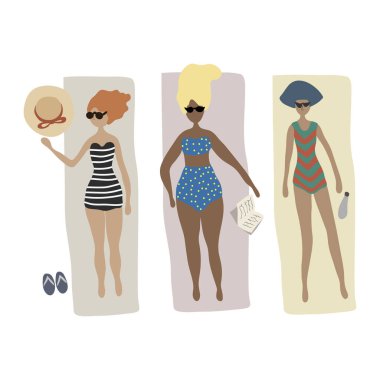 Summertime üst görünüm vektör illüstrasyonu. Bikinili, güneşlenen ve plajda dinlenen üç genç kadın..