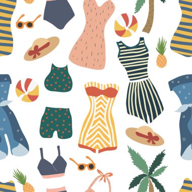 İç çamaşırı ve mayoyla kusursuz bir yaz deseni. Retro koleksiyonu: bikini, şapka, top, güneş gözlüğü, ananas