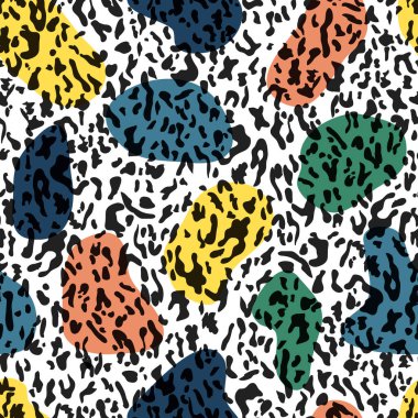 Renkli soyut şekillerde leopar derisi pürüzsüz desen. Modaya uygun el yazısı.. 