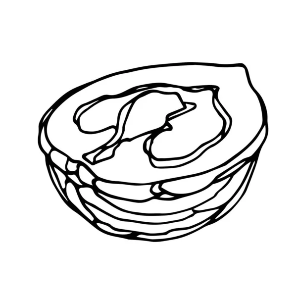壳中核桃的裂开的半部分 装饰装饰或图案的元素 矢量插图 白色背景上孤立的线 手绘样式 — 图库矢量图片