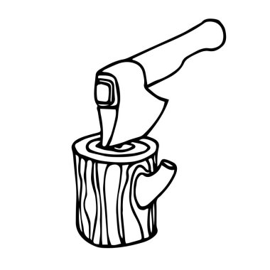 Köy sobası için odun kesmek için baltayla kütük, Doodle 'ın beyaz arka planında izole edilmiş siyah çizgili vektör çizgileri ve el çizimi stili.