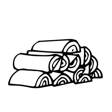 Kaba bir soba için odun yığınına istiflenmiş yakacak odun. Doodle 'ın beyaz arka planında izole edilmiş siyah çizgili vektör çizgileri ve el çizimi tarzı.