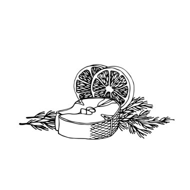 Limon dilimleri ve dereotlu morina ya da somon balığı bifteği, restoran deniz ürünleri menüsü süslemesi, beyaz arka planda izole edilmiş siyah çizgili vektör çizgileri ve el çizimi tarzı.