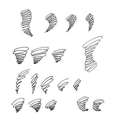 Bir desen, amblem, amblem, logo, vektör çizgileriyle izole edilmiş bir dizi basit spiral girdap veya tornado karalama ve el çizimi tarzında beyaz bir arkaplanda izole edilmiştir.