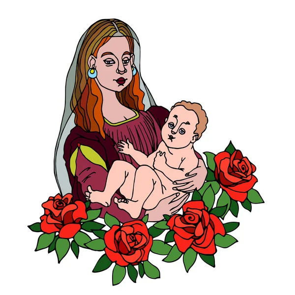 Kollarında Bebek Olan Madonna Kırmızı Yapraklı Güller Anne Sevgisi Aile — Stok Vektör