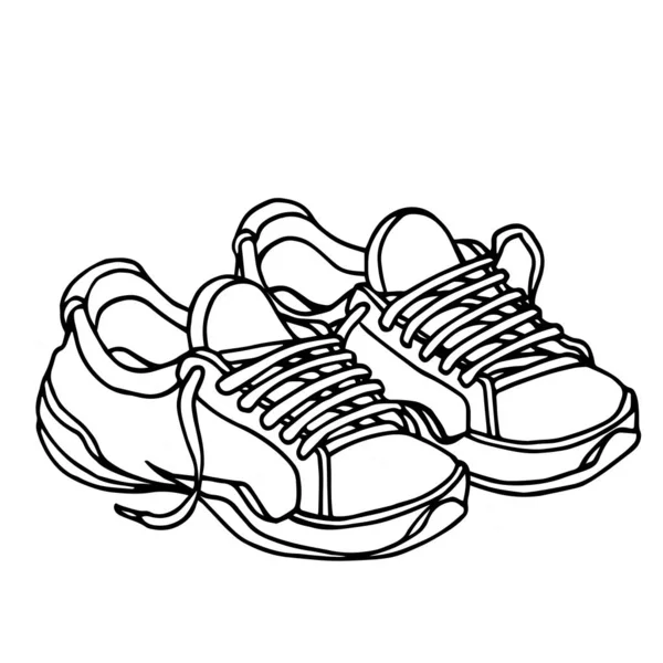 Bağcıklı bir çift modern spor ayakkabı, siyah çizgili vektör çizgileri Doodle ve el çizimi tarzında beyaz bir arkaplanda izole edilmiş.