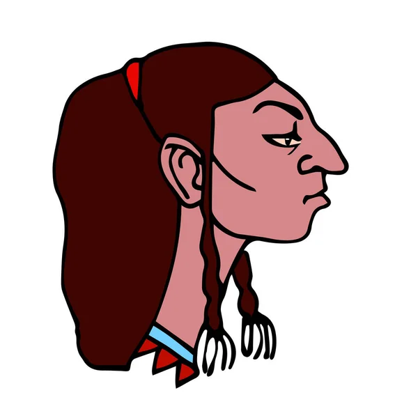 Head Profile Indian Young Male Red Ribbon Hair Pigtails Avatar - Stok Vektor