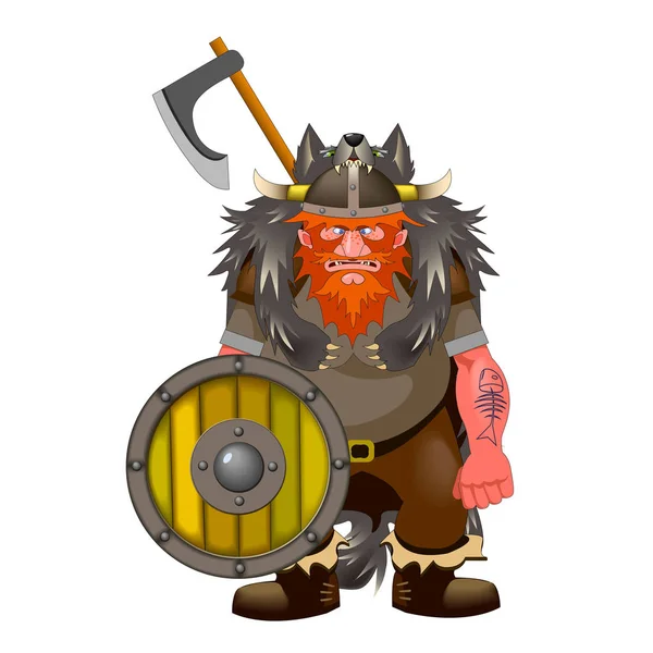 Scandinavian Viking Red Hair Wooden Shield Axe Wolfskin Armor Horned — Stock Vector