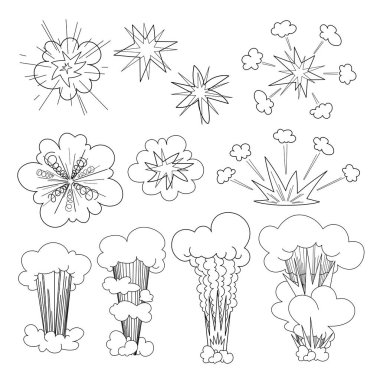 Patlama sembolleri ve volkanik patlamalar, logo, amblemler veya dekorasyonlar için, çizgi film ve el çizimi tarzında beyaz arkaplanda izole edilmiş siyah çizgili vektör çizgileri için