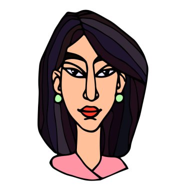 Badem gözlü, avatar, siyah çizgili, el çizimi ve çizgi film tarzında beyaz bir arka planda izole edilmiş siyah çizgileri olan Asyalı genç esmer bir kızın başı.