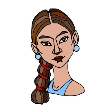 Mavi tişörtlü, avatar, renkli vektör çizgileri olan, el çizimi ve çizgi film tarzında beyaz bir arkaplanda izole edilmiş Avrupalı genç, tatlı, esmer bir kızın başı.