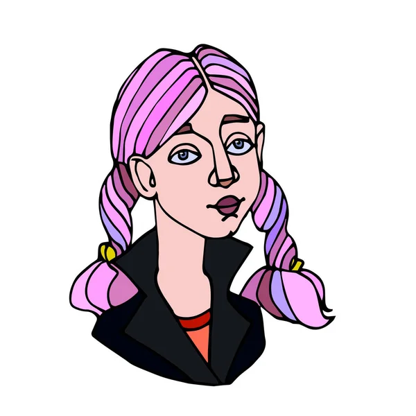 European Teenager Cute Blonde Girl Dark Jacket Pink Pigtails Avatar — 스톡 벡터