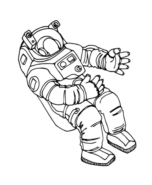 Ağırlıksız yüzen uzay giysisi içindeki astronot, elinde beyaz arka plan ve Doodle tarzı izole edilmiş siyah çizgili vektör çizimi