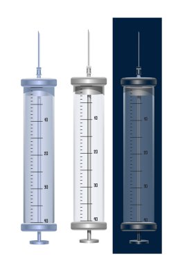Enjeksiyon ve aşı için tekrar kullanılabilir tıbbi cam şeffaflığı ve dondurulmuş şırıngalar, beyaz arka planda izole edilmiş renk vektör illüstrasyonu clipart ve gerçekçi stilde