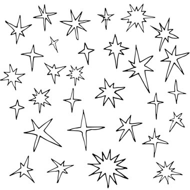 Basit uzay yıldızları kümesi, siyah çizgili karalama, el çizimi tarzında beyaz arkaplanda izole edilmiş vektör çizimi